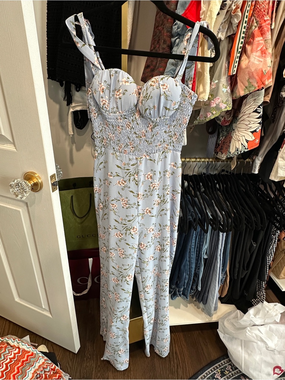 Floral Smocked Bust Jumpsuit - Light Blue